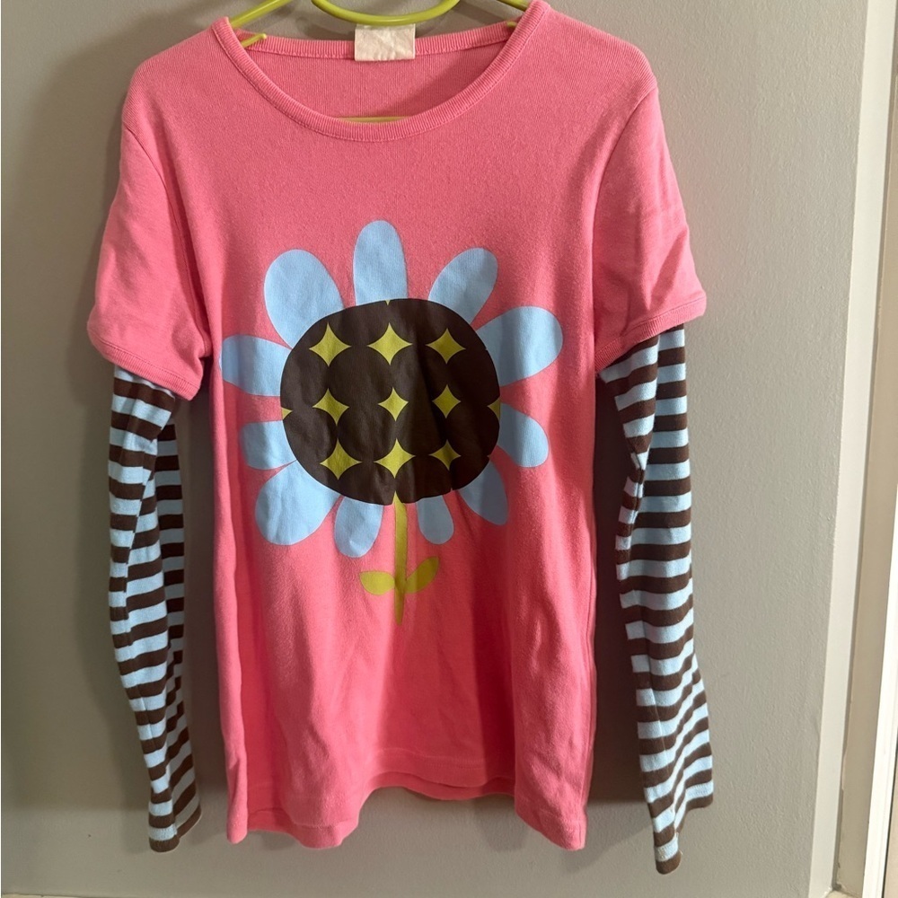 Mini Biden Pink Striped Kids Shirt with Flower Design 9/10